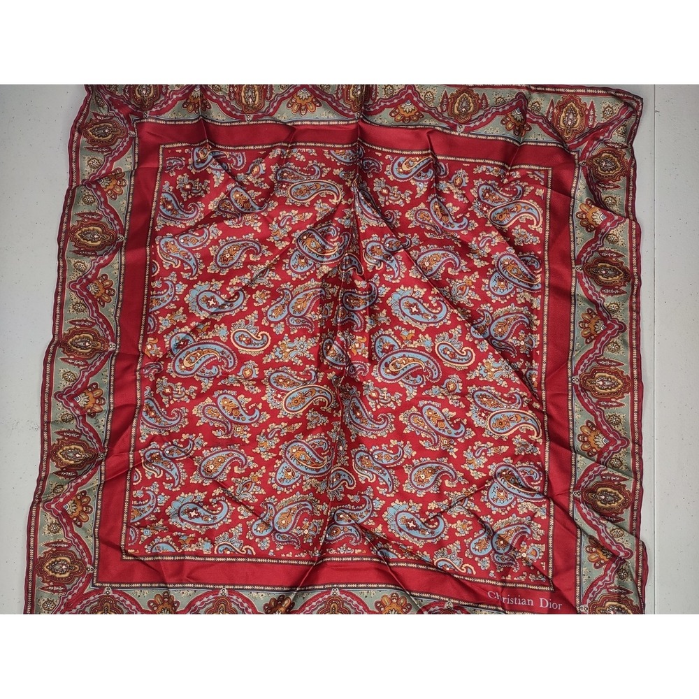 Vintage Christian Dior Silk Pocket Square Scarf Paisley Red Gold Blue Italy - Picture 4 of 4